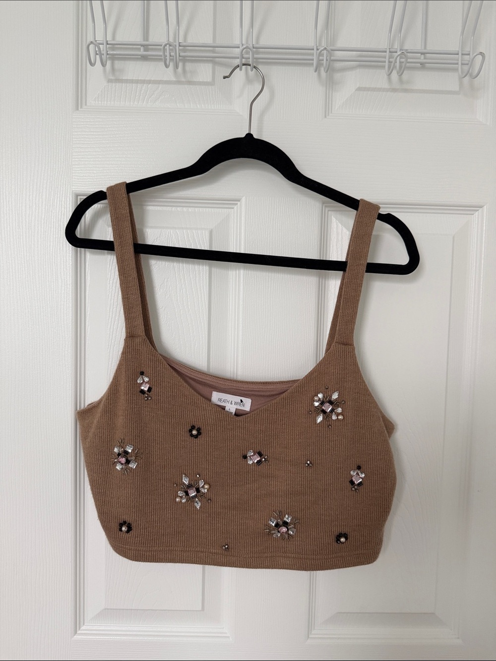 Anthropologie Tan Beaded Ribbed Crop Top